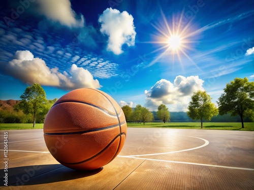 A long exposure illustration of a basketball on an outdoor court, basking in sunlight, ideal for themes related to sports, fitness, and recreation. photo