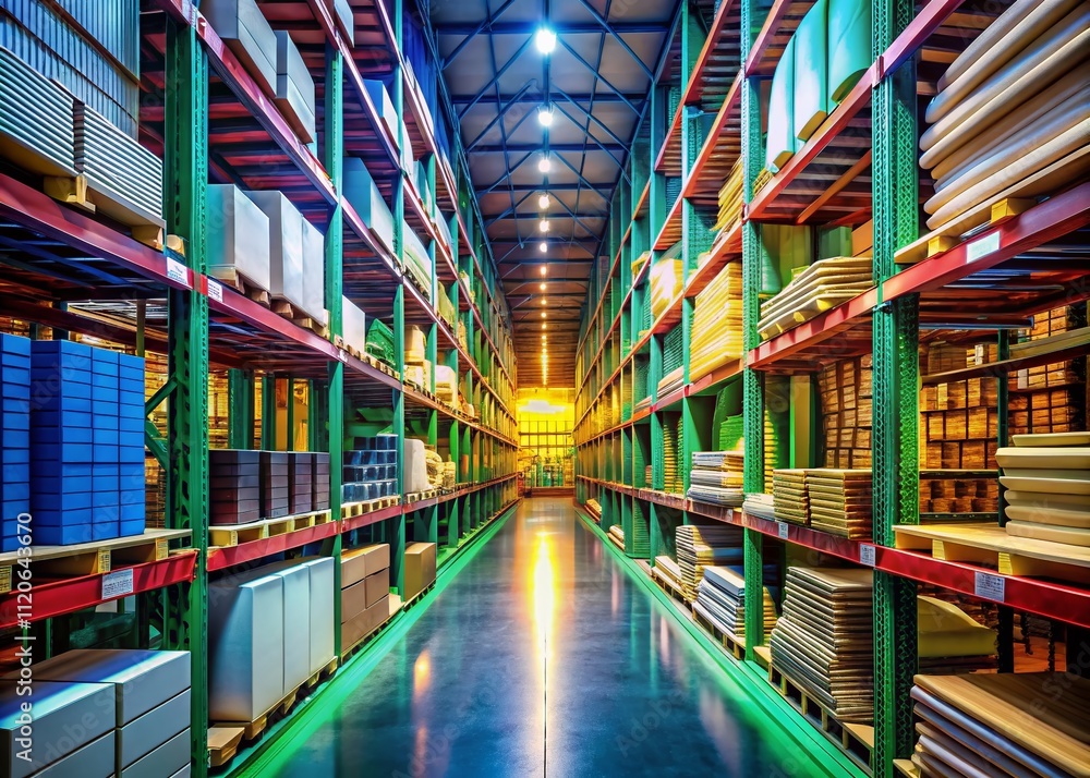 A low light photograph capturing a narrow aisle in a hardware store warehouse, lined with shelves packed with construction materials, exuding a captivating, moody ambiance. A low light photograph capturing a narrow aisle in a hardware store warehouse, lined with shelves packed with construction materials, exuding a captivating, moody ambiance.