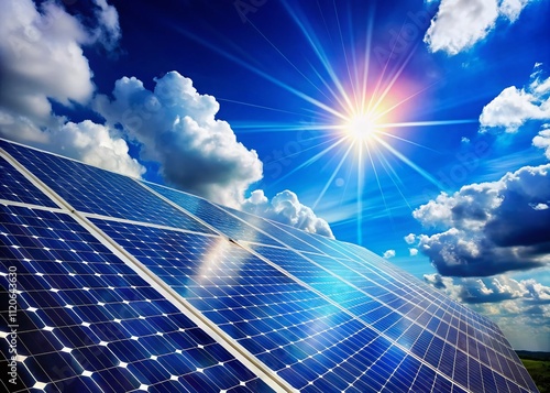 a low-angle glimpse of solar panels basking in bright sunlight against a vivid blue sky dotted with fluffy, white clouds.