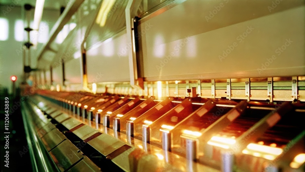 Detailed shot of semiconductor wafers lined up on a conveyor belt reflecting the bright lights of the cleanroom as they transition through various manufacturing stages. Detailed shot of semiconductor wafers lined up on a conveyor belt reflecting the bright lights of the cleanroom as they transition through various manufacturing stages.