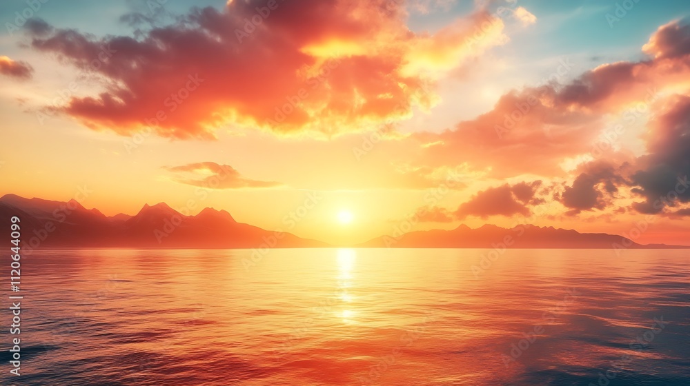 Vibrant Sunset Over Tranquil Ocean with Dramatic Clouds and Mountains : Generative AI Vibrant Sunset Over Tranquil Ocean with Dramatic Clouds and Mountains : Generative AI