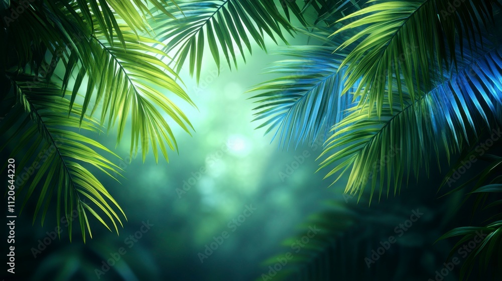 Green and blue neon light creating a striking tropical aesthetic with bold highlights and intricate leaf patterns on a black surface Green and blue neon light creating a striking tropical aesthetic with bold highlights and intricate leaf patterns on a black surface