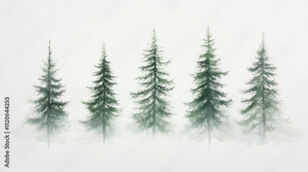 Obraz premium Serene watercolor evergreen trees on white background