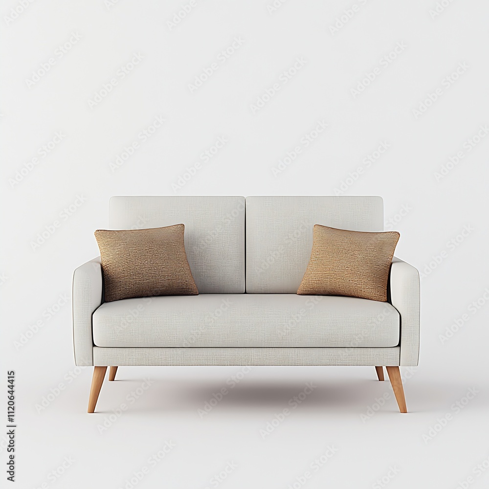 Compact Cream Mid Century Modern Sofa with Pair of Brown Cushions Isolated on White : Generative AI Compact Cream Mid Century Modern Sofa with Pair of Brown Cushions Isolated on White : Generative AI