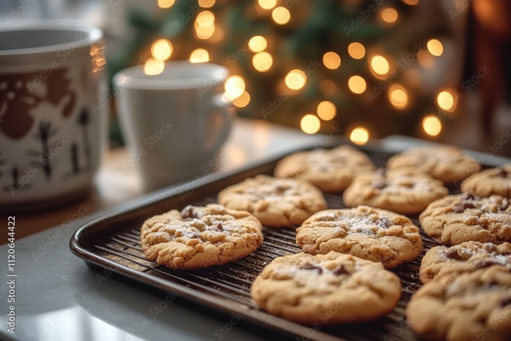 Sugar Cookie Tray with Milk and Christmas Decorations in Cozy Winter Kitchen Scene Sugar Cookie Tray with Milk and Christmas Decorations in Cozy Winter Kitchen Scene