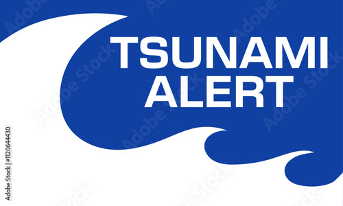 Tsunami alert. Modern vector illustration with lettering. Blue sign with big wave and text. High water, destruction wave.