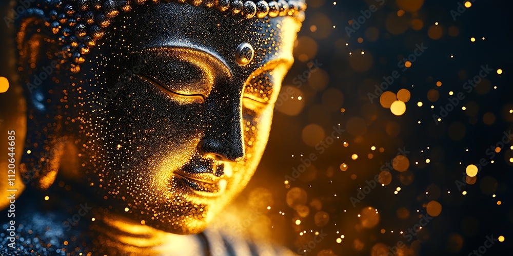 Golden Buddha Statue in Tranquil Sparkling Light Surrounded by Glowing Bokeh : Generative AI Golden Buddha Statue in Tranquil Sparkling Light Surrounded by Glowing Bokeh : Generative AI