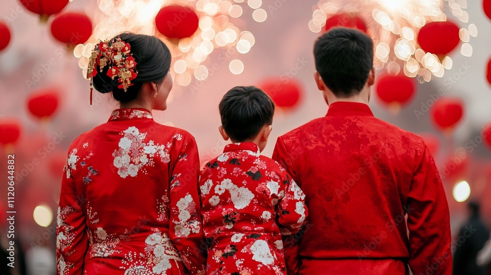 Chinese New Year Family Tradition Red Clothing Fireworks Celebration Chinese New Year Family Tradition Red Clothing Fireworks Celebration