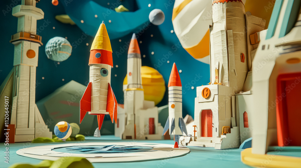 Colorful paper rockets in a whimsical space scene with planets and stars Colorful paper rockets in a whimsical space scene with planets and stars