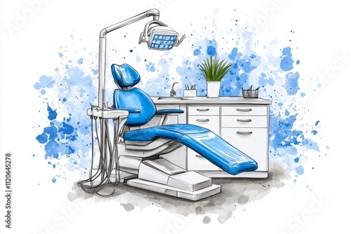 A vibrant watercolor depiction of a dentist office, blending calming blues and whites for a soothing effect photo