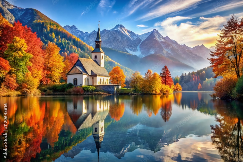 Fototapeta premium Amidst golden autumn foliage and towering snow-capped mountains, a tranquil church stands, creating a picturesque scene that embodies the serene essence of nature and peace.