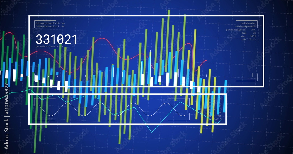 Obraz premium Image of financial data processing on blue background