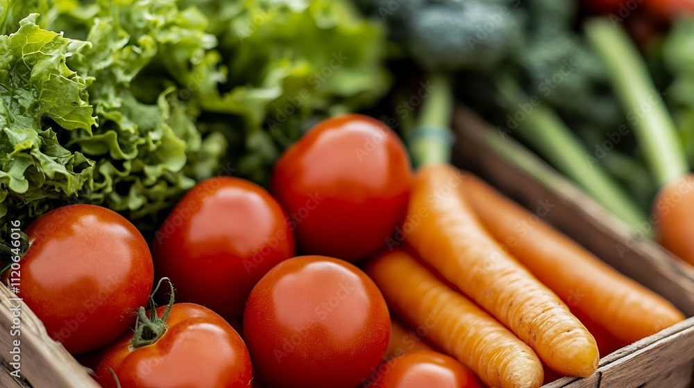 Assorted Fresh Farm Vegetables Tomatoes Carrots Lettuce in Rustic Box : Generative AI Assorted Fresh Farm Vegetables Tomatoes Carrots Lettuce in Rustic Box : Generative AI