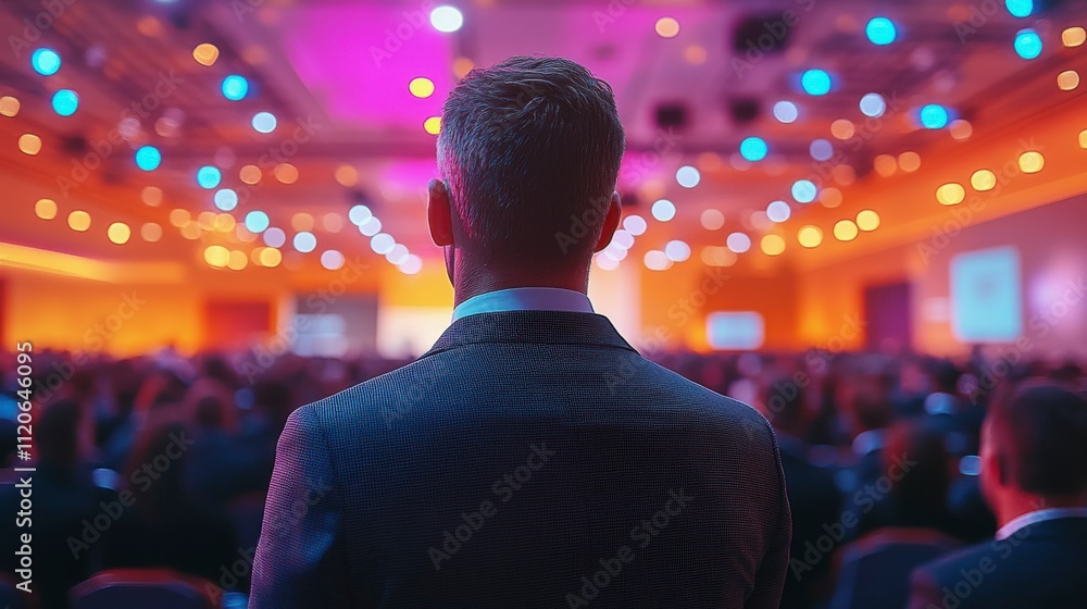 Rear view of a diverse audience in a conference hall attentively listening to a speaker giving a talk at a business event Rear view of a diverse audience in a conference hall attentively listening to a speaker giving a talk at a business event