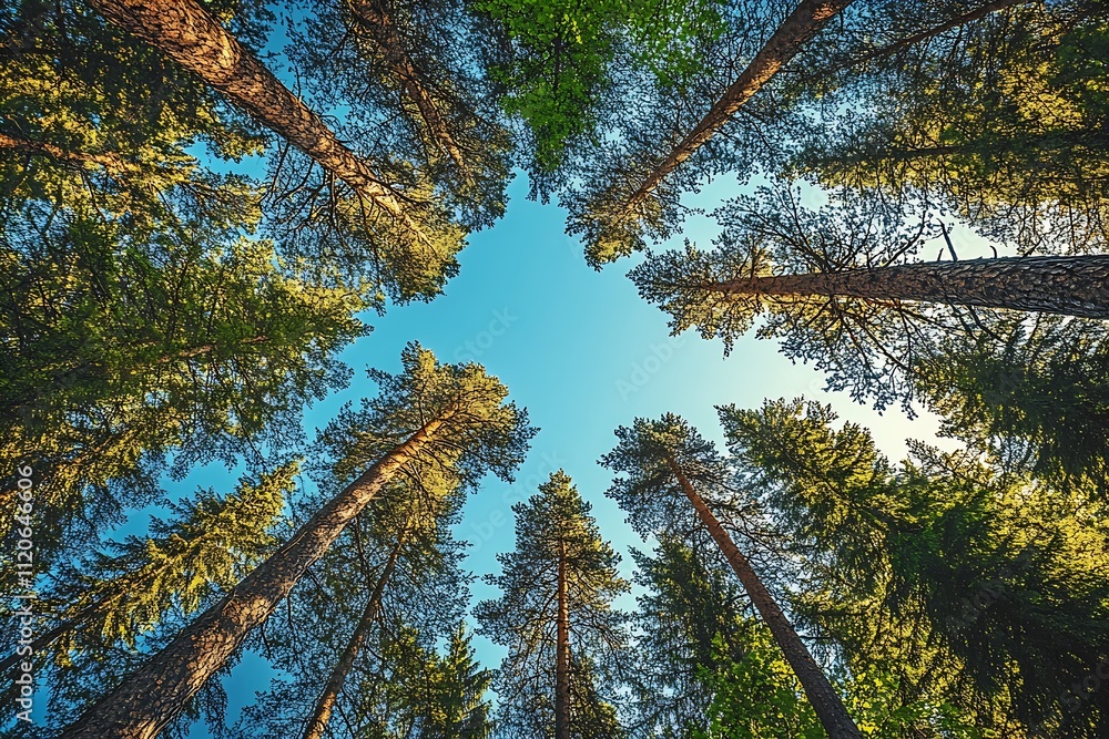Fototapeta premium Tall majestic pine trees reaching towards blue sky in serene forest landscape : Generative AI