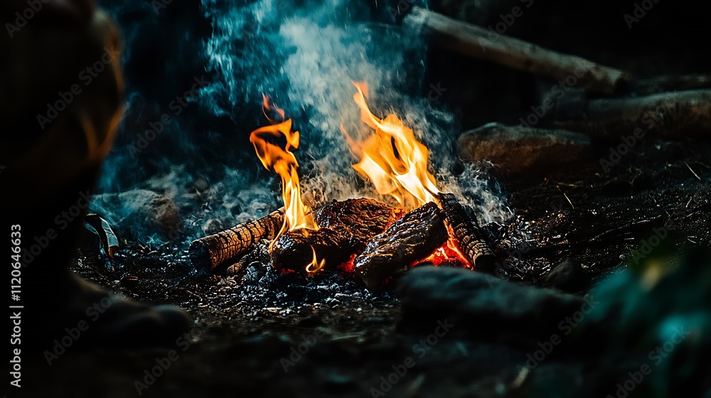 Naklejka premium Closeup of Campfire Flames and Smoking Logs Creating a Cozy Atmosphere in Nature : Generative AI