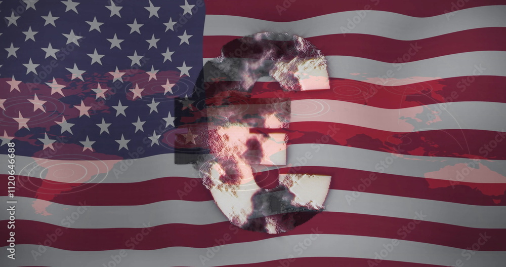 Obraz premium Euro symbol image over american flag and world map background