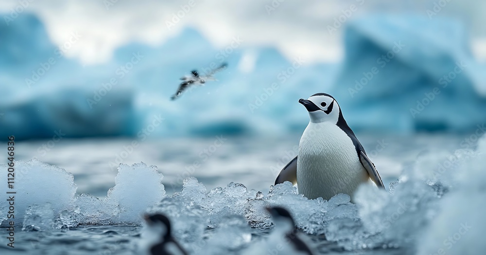 Fototapeta premium Chinstrap Penguin Stands Majestically on Antarctic Ice with Glacial Backdrop : Generative AI