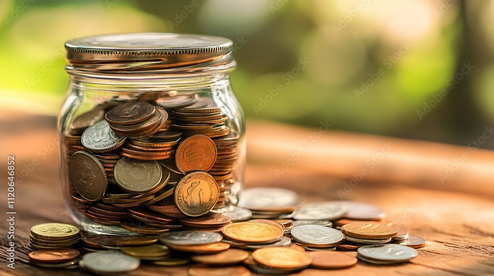 Jar of Coins on Wooden Surface Representing Savings and Financial Accumulation : Generative AI Jar of Coins on Wooden Surface Representing Savings and Financial Accumulation : Generative AI