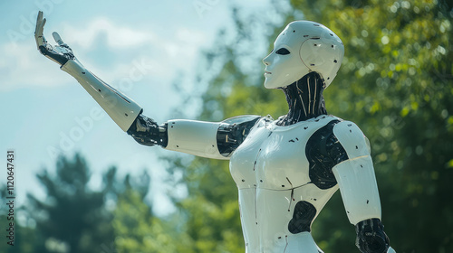 Futuristic humanoid robot with outstretched arm in natural setting