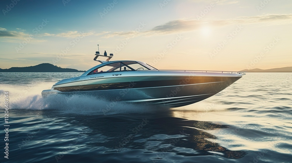 A photo of a modern speedboat cutting through the water A photo of a modern speedboat cutting through the water