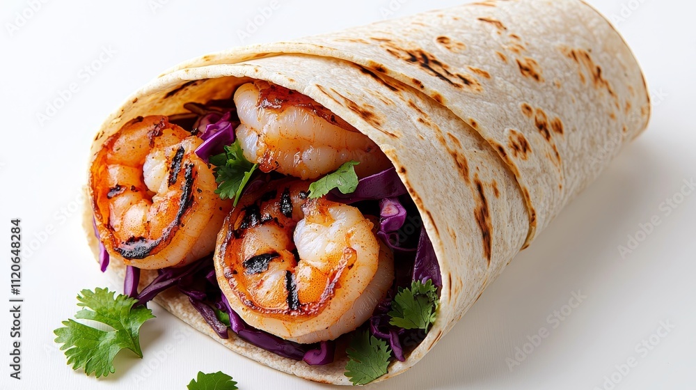 A gourmet-style tortilla wrap filled with grilled shrimp, red cabbage, and cilantro, perfectly isolated on a minimalist white backdrop A gourmet-style tortilla wrap filled with grilled shrimp, red cabbage, and cilantro, perfectly isolated on a minimalist white backdrop