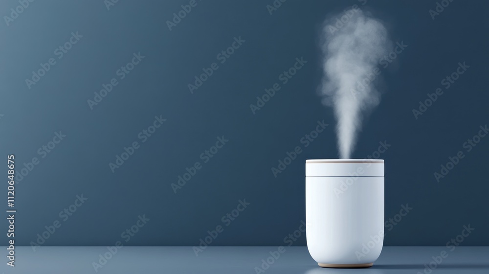 A white humidifier emits steam against a blue background. A white humidifier emits steam against a blue background.