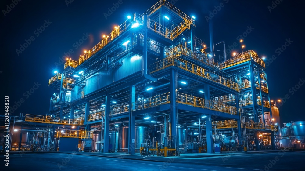 Illuminated Industrial Plant at Night with Blue and Orange Lights Illuminated Industrial Plant at Night with Blue and Orange Lights