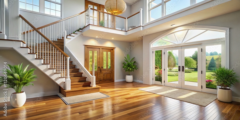 Obraz premium An aerial view highlights a contemporary entrance, showcasing a spacious linen staircase and a breathtaking vaulted ceiling that enhances the overall elegance of the space.