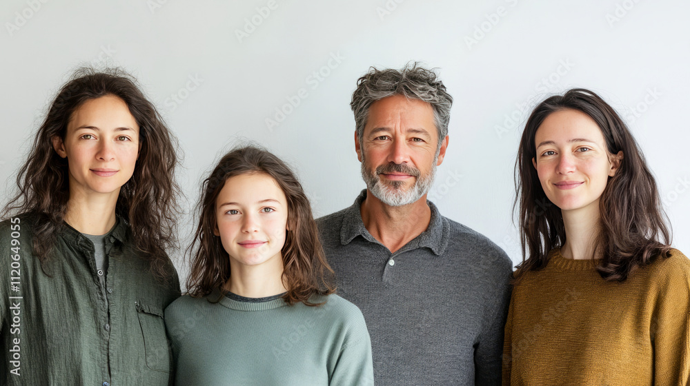 Caucasian family portrait with mature male and three young females smiling in casual attire Caucasian family portrait with mature male and three young females smiling in casual attire