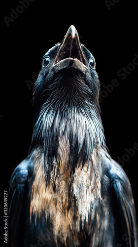 Eerie Crow with Skull Head Perched on a Branch photo