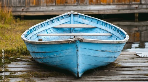 Rustic Blue Rowboat Resting On Wooden Dock by Tranquil Lake Waters : Generative AI photo