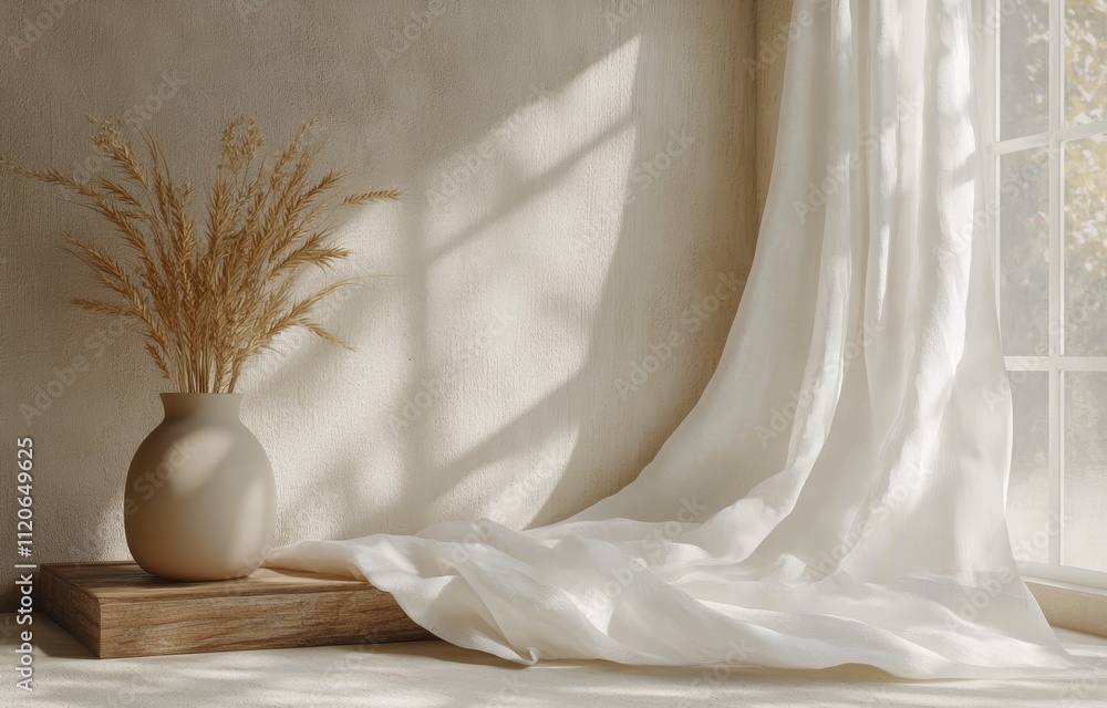 Minimalist 3D Display Podium with Beige Background and Dried Pampas Grass in Vase for Beauty Product Promotion Minimalist 3D Display Podium with Beige Background and Dried Pampas Grass in Vase for Beauty Product Promotion