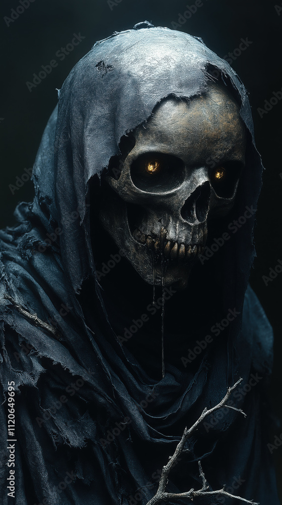 Horror-Themed Image of Black Crow with Decayed Human Skull Head and Glowing Eye Sockets Horror-Themed Image of Black Crow with Decayed Human Skull Head and Glowing Eye Sockets