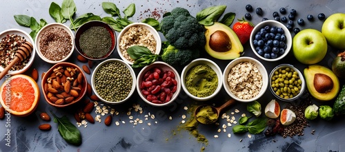 assortment of fresh, colorful fruits and vegetables including avocados, blueberries, greens, camera bloom, fresh fruit color scheme, top view on grey background, surrounded by bowls with grains