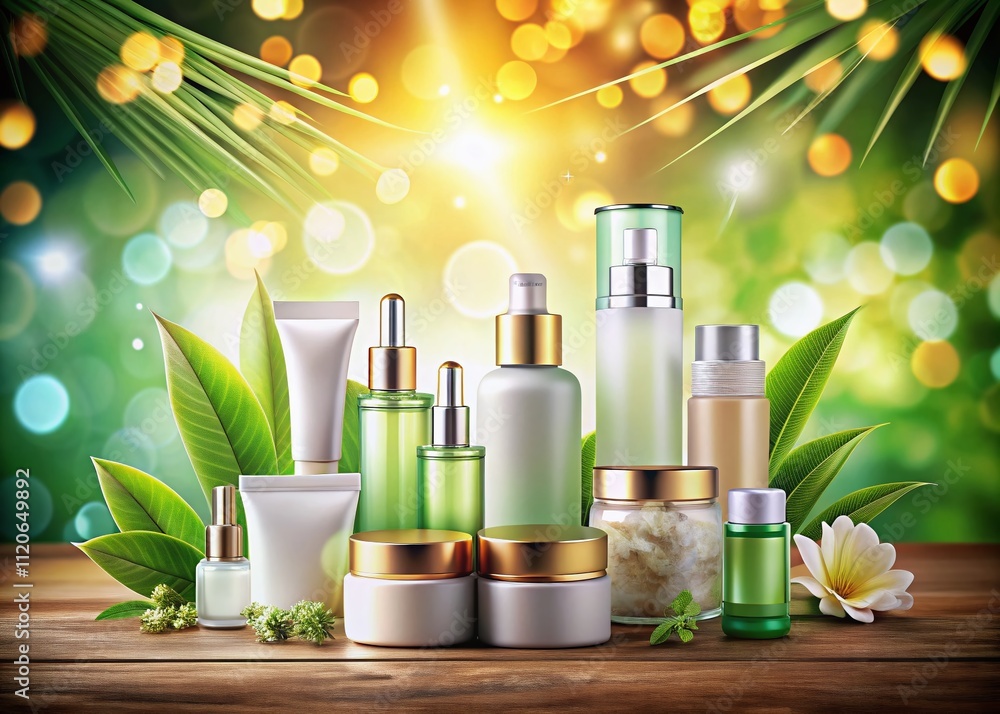 An elegant array of cosmetic items presented on a bright, colorful background, ideal for a natural beauty branding mock-up collection that exudes charm and freshness. An elegant array of cosmetic items presented on a bright, colorful background, ideal for a natural beauty branding mock-up collection that exudes charm and freshness.