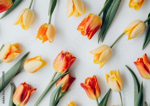 Vibrant arrangement of yellow and orange tulips on a white surface showcasing natureâ€™s beauty, perfect for spring and floral concepts.
