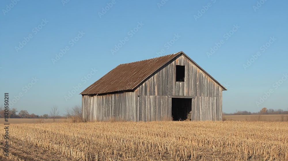 Old Wooden Barn in Autumn Wheat Field Under Bright Blue Sky : Generative AI Old Wooden Barn in Autumn Wheat Field Under Bright Blue Sky : Generative AI
