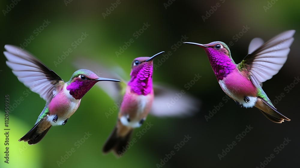 Vibrant Trio of Hummingbirds in Flight with Blurred Natural Background : Generative AI Vibrant Trio of Hummingbirds in Flight with Blurred Natural Background : Generative AI