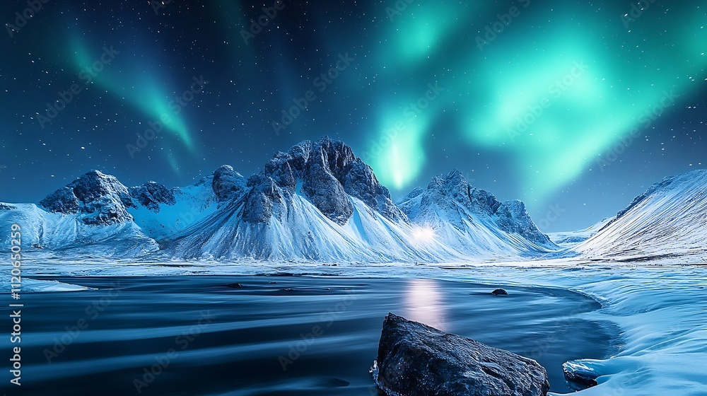 Breathtaking Aurora Borealis Above Snowy Peaks and Frozen Lake : Generative AI Breathtaking Aurora Borealis Above Snowy Peaks and Frozen Lake : Generative AI