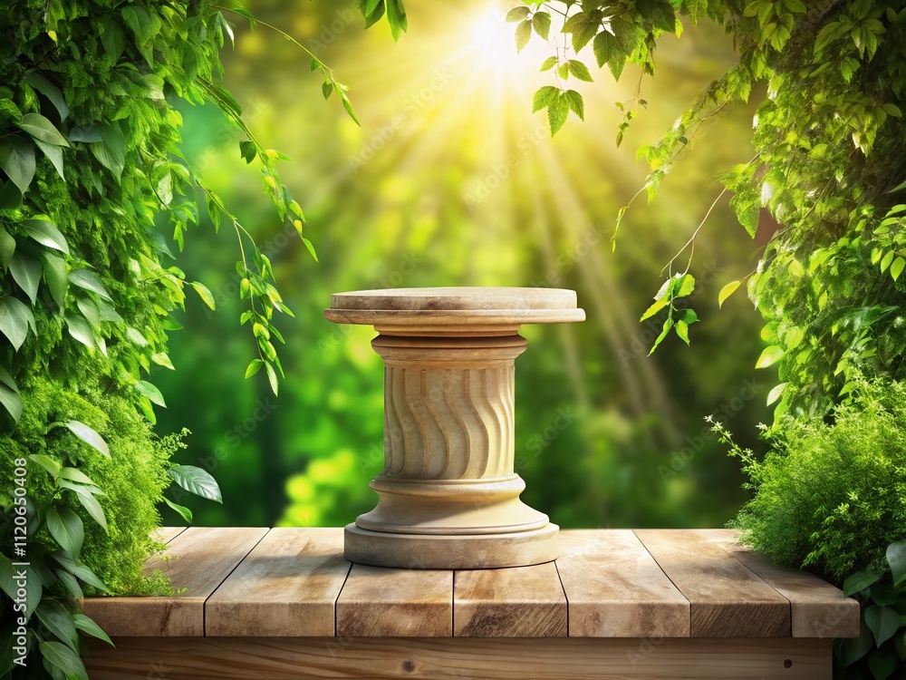An elegant stone marble pedestal nestled among lush greenery, bathed in soft gobo sunlight, featuring a wooden rod backdrop for premium product displays. An elegant stone marble pedestal nestled among lush greenery, bathed in soft gobo sunlight, featuring a wooden rod backdrop for premium product displays.