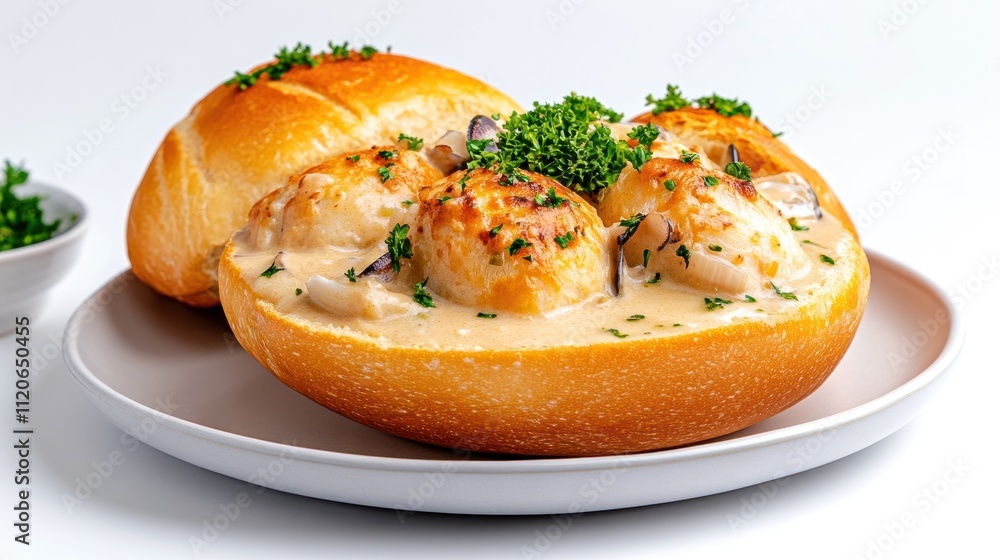A bread bowl filled with creamy soup and garnished with herbs. A bread bowl filled with creamy soup and garnished with herbs.