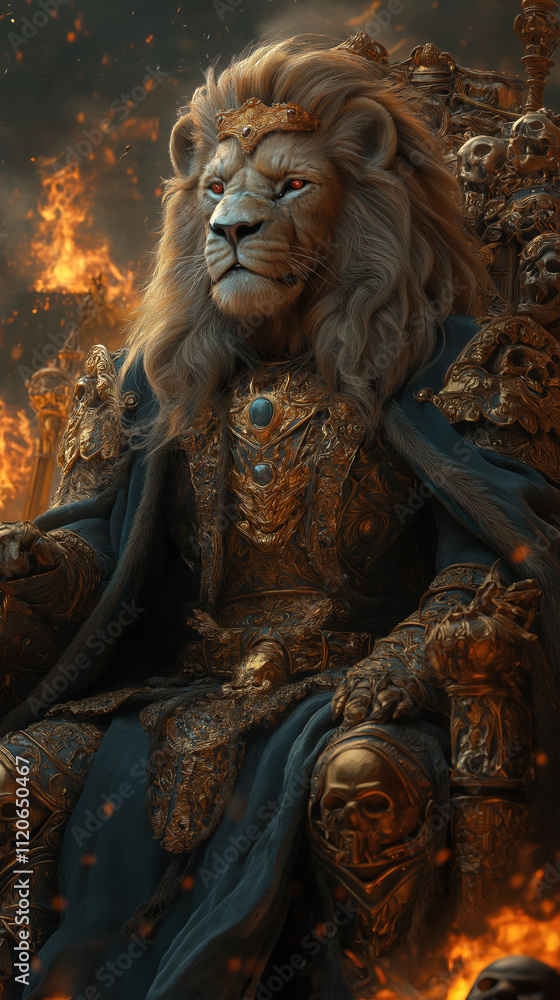 Lion-Headed King on Skull Throne Overlooking a Burning Kingdom Lion-Headed King on Skull Throne Overlooking a Burning Kingdom