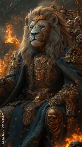 Lion-Headed King on Skull Throne Overlooking a Burning Kingdom