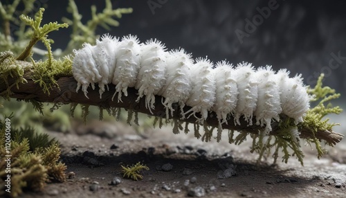 Fungal infected caterpillar with white powdery coating and branching growth, arthropod fungal infection, Beauveria parasite, worm infestation increase photo