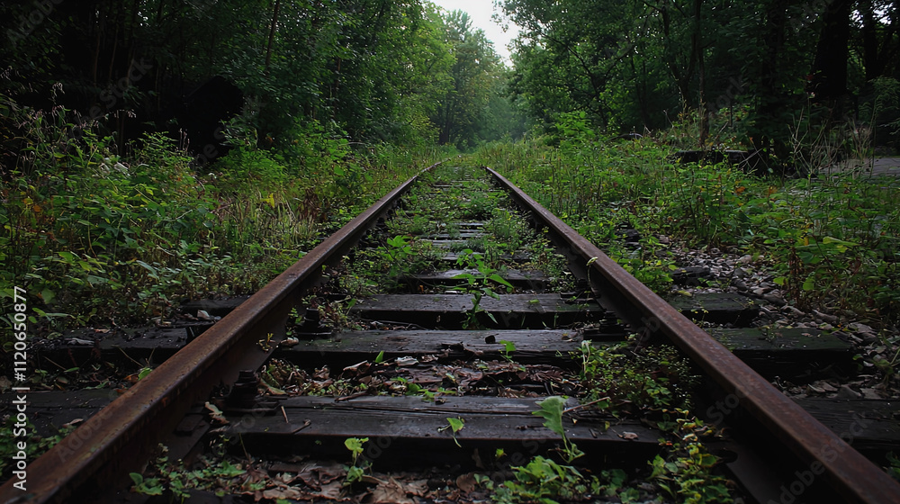 Fototapeta premium The image showcases an overgrown railway track in a dense forested area. The perspective is low to the ground, emphasizing the wooden sleepers covered in moss and weeds, with the rusted metal rails ru