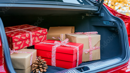 Festive red gift boxes in car trunk for holiday celebration photo