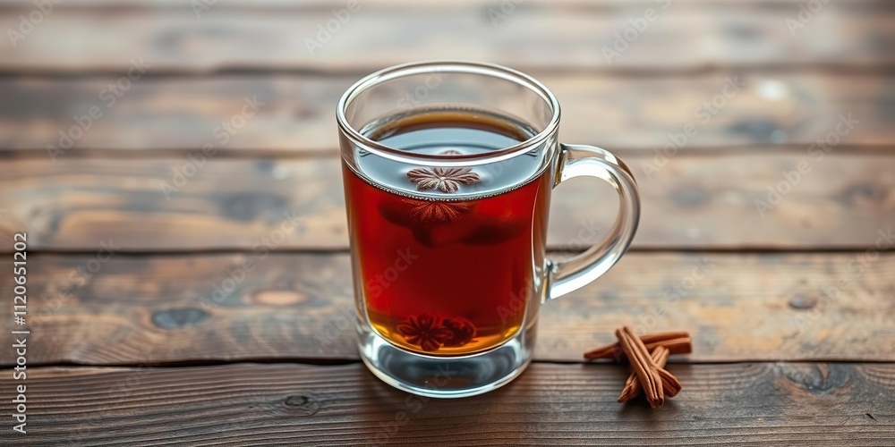 Glass container filled with warm spiced drink on wooden table, wooden table, food, coffee alternative Glass container filled with warm spiced drink on wooden table, wooden table, food, coffee alternative