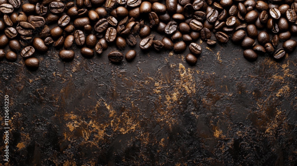 Freshly roasted coffee beans scattered across a rough surface Freshly roasted coffee beans scattered across a rough surface