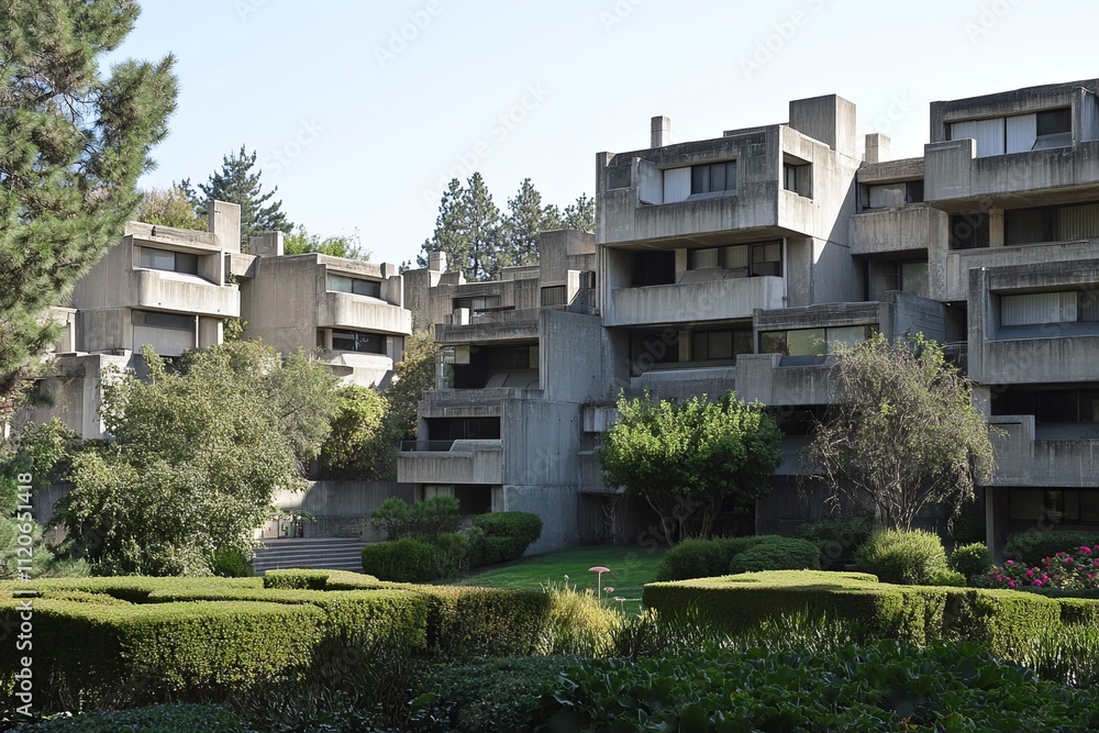 Fototapeta premium A brutalist residential complex with a series of geometric concrete blocks stacked in a rugged, imposing formation.Raw concrete.Brutalist architecture.Brutalism art.Brutalist design.